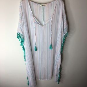 Miken Tropical Striped Swimsuit Cover Up w Tassels